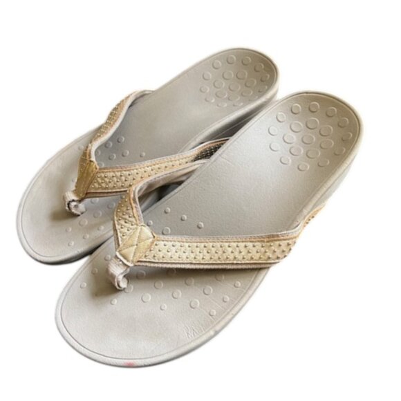 Vionic Pacific Kehoe Studded Toe Post Wedge Sandals - Tan/Brass - 9 - Picture 2 of 11